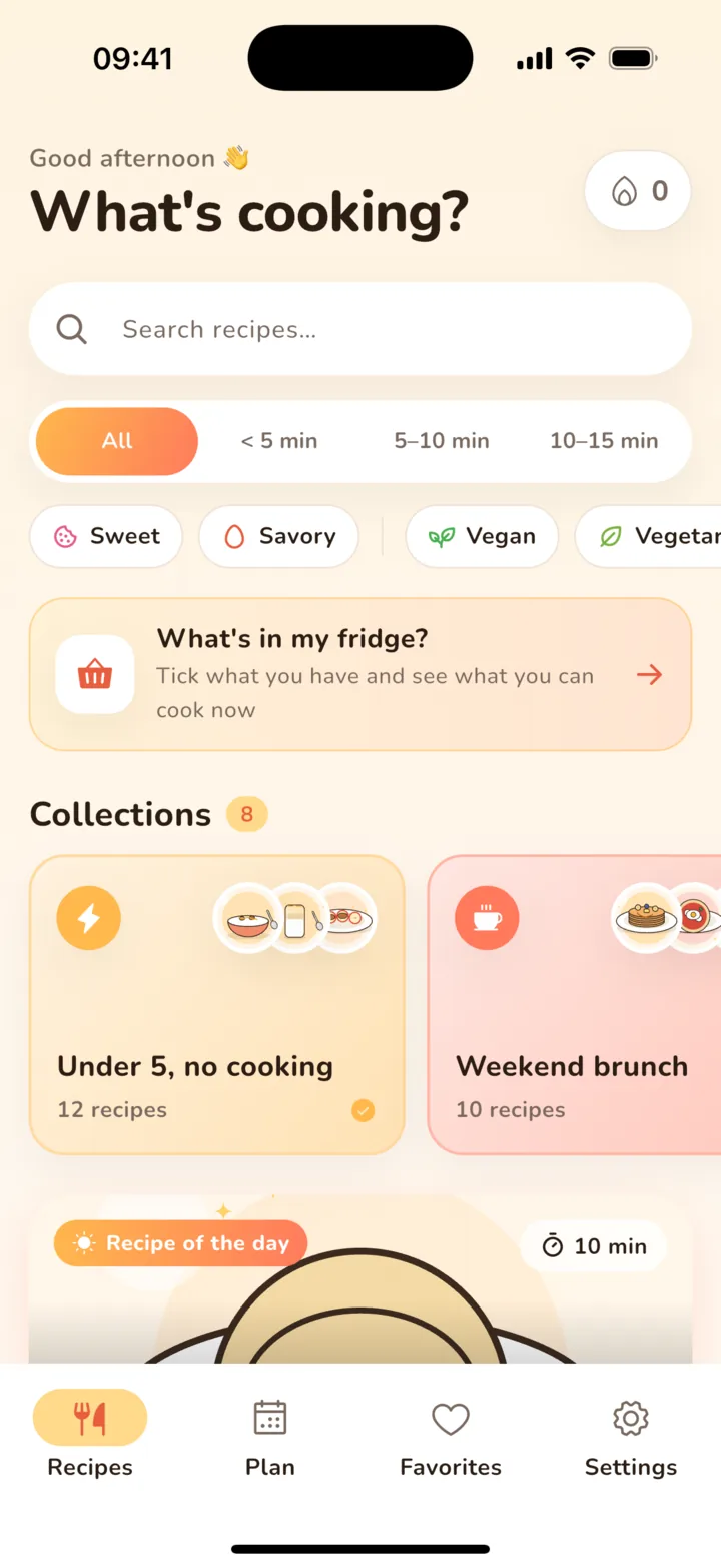 QuickBrekky home screen with filters, collections and the recipe of the day