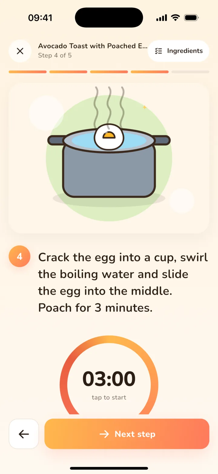 Cooking mode: one illustrated step with a 3-minute timer
